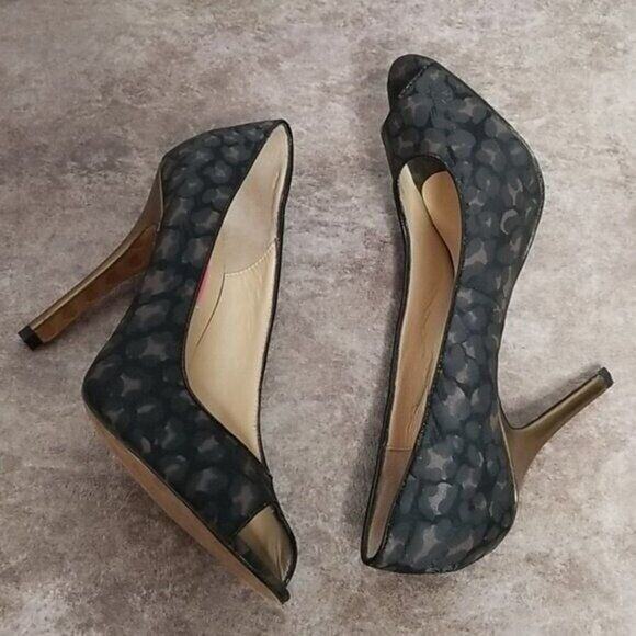Betsey Johnson Black Brown Gold Leopard Print Peep Toe Stiletto Heel Women's 8.5 - Picture 4 of 9